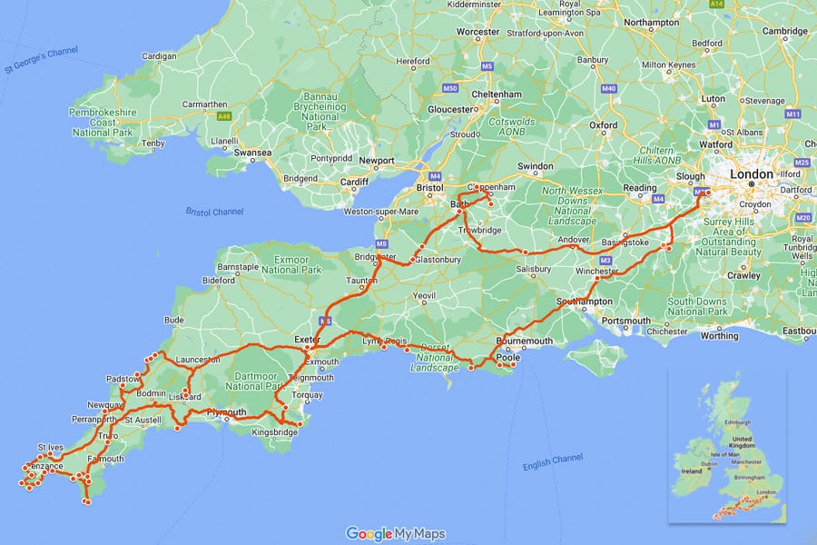 Map showing a south west England road trip.