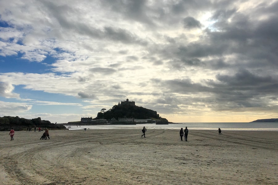 Cornwall road trip: Looking across the sand and tidal causeway to St Michael's Mount. 