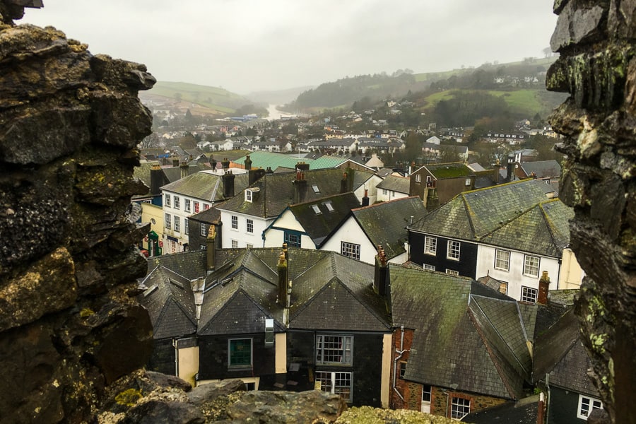 South West England Road Trip: Views over rooftops towards the River Dart from Totnes Castle.