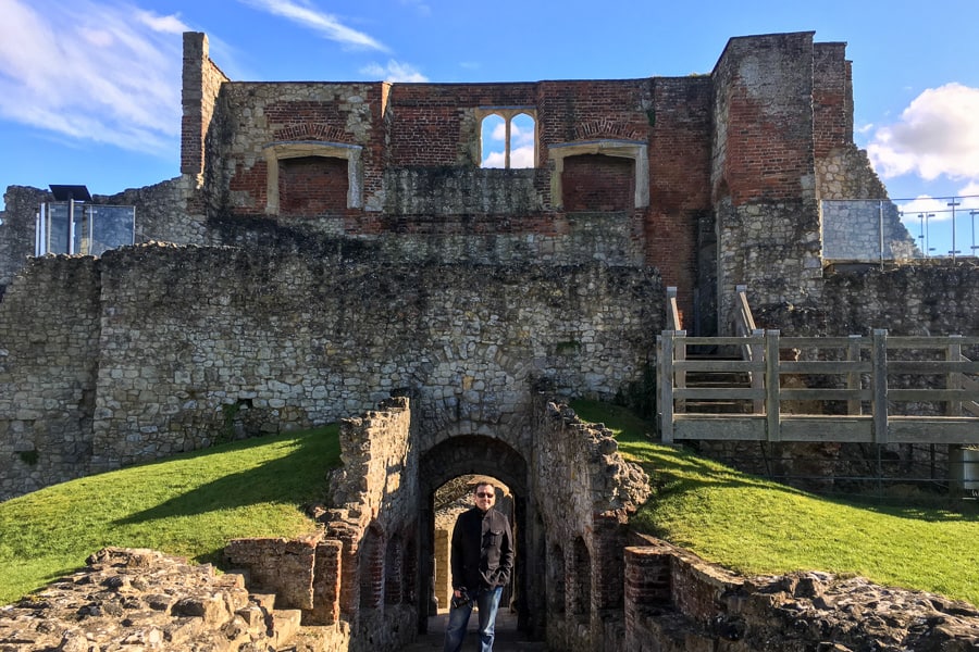 John stands in the entryway to the ruins of Farnham Castle, first stop on our road trip from London.