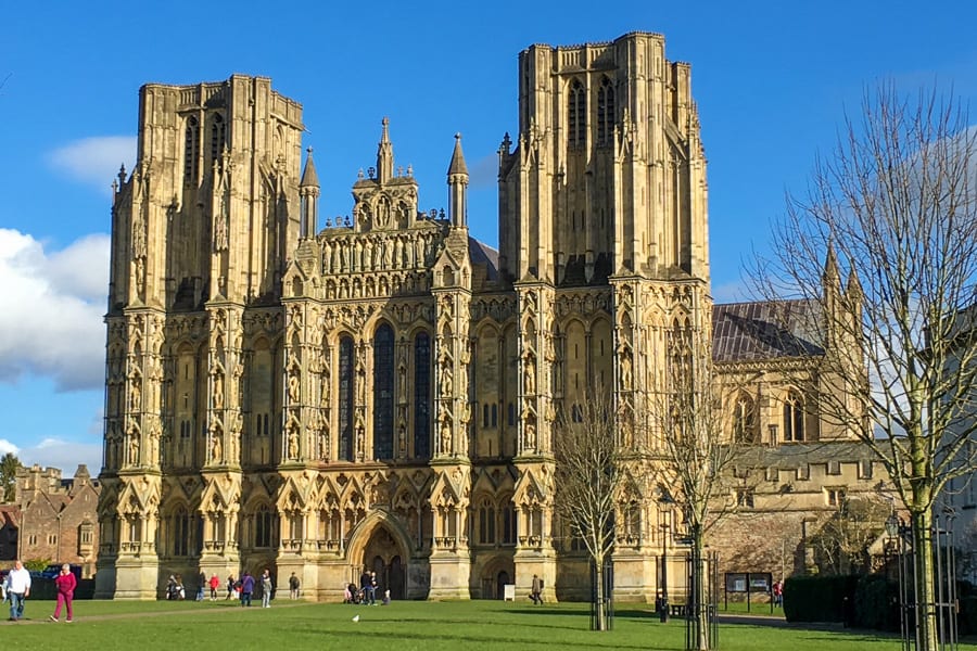 The intricate stone façade of Wells Cathedral.