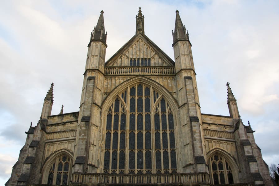 Facade of Winchester Cathedral, a must-see on a south England road trip.