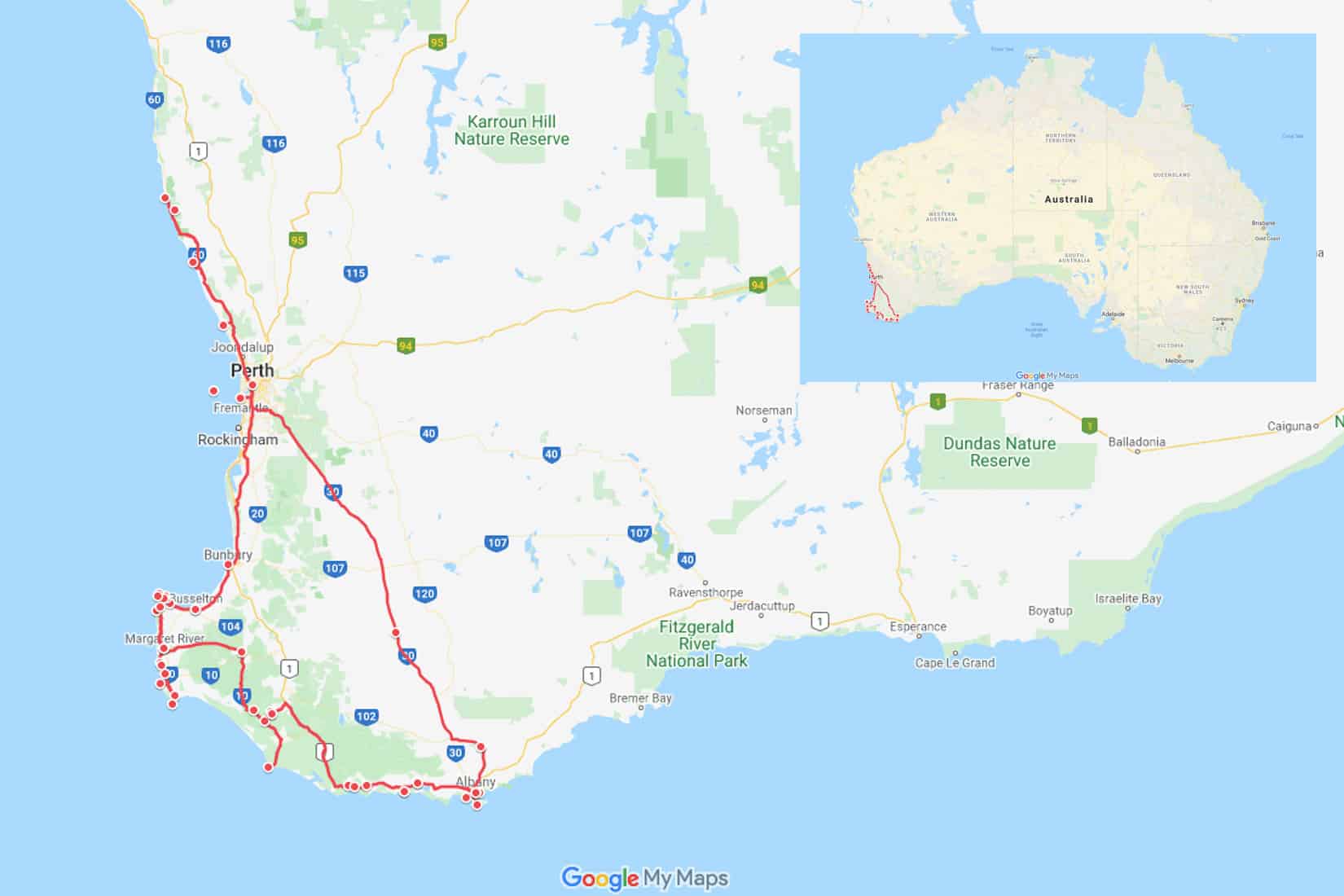 Map showing the route of this Perth to Albany road trip.