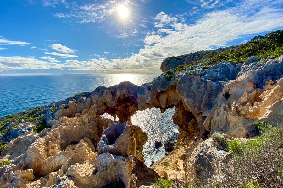 View of the sea through The Window, a natural cliff hole in D'Entrecastenaux National Park in south west Australia.