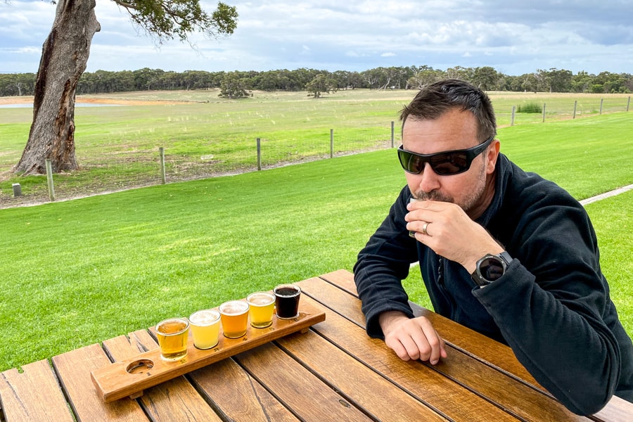 John samples beers at Eagle Bay Brewing Co, one of the best breweries in Margaret River. region.