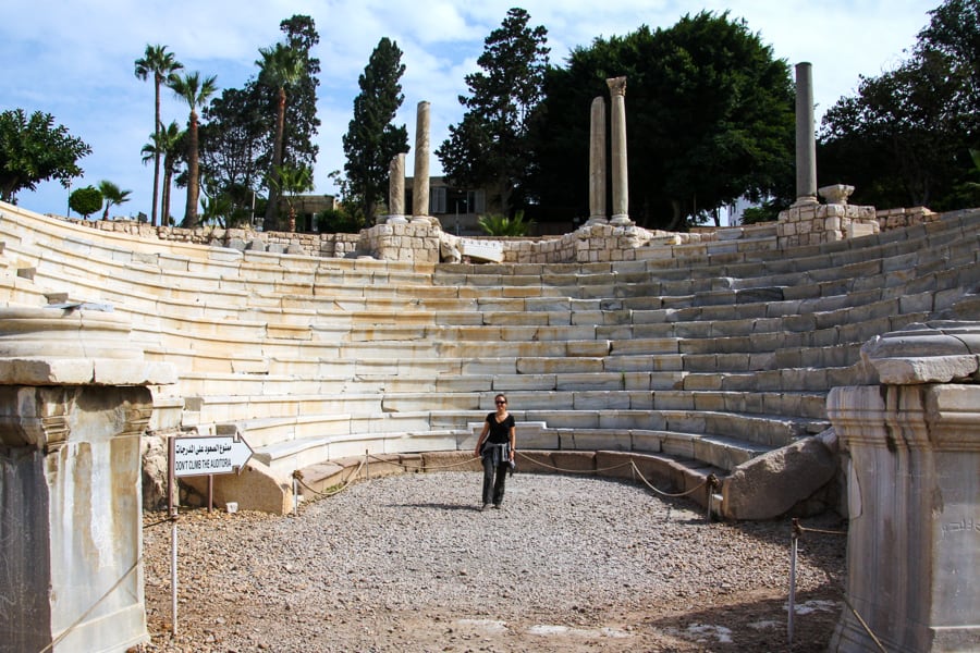 Dan stands in front of the curving marble seating of Alexandria’s ancient Roman amphitheatre.