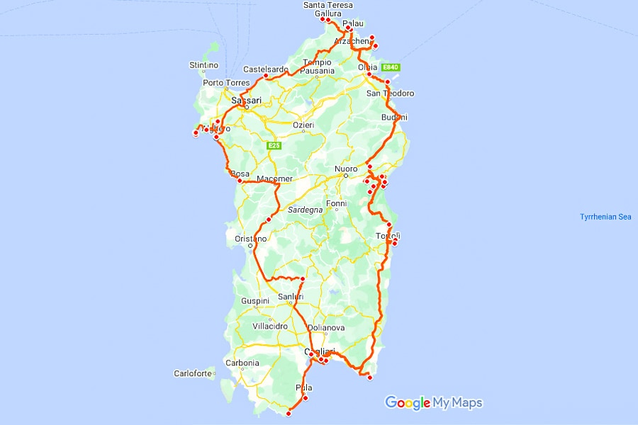 Sardinia travel itinerary map.