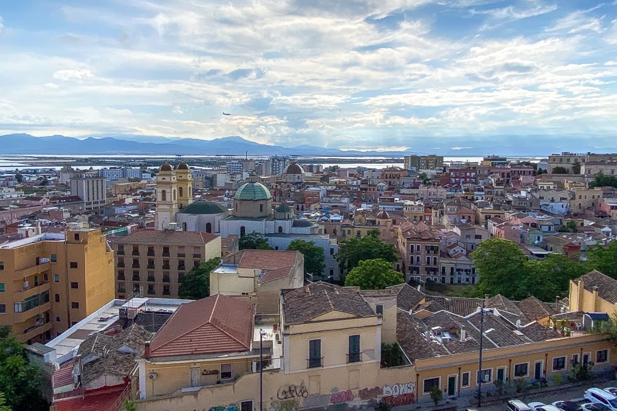 Late afternoon views from Caffè Libarium Nostrum over the port of Cagliari in the south of Sardinia.