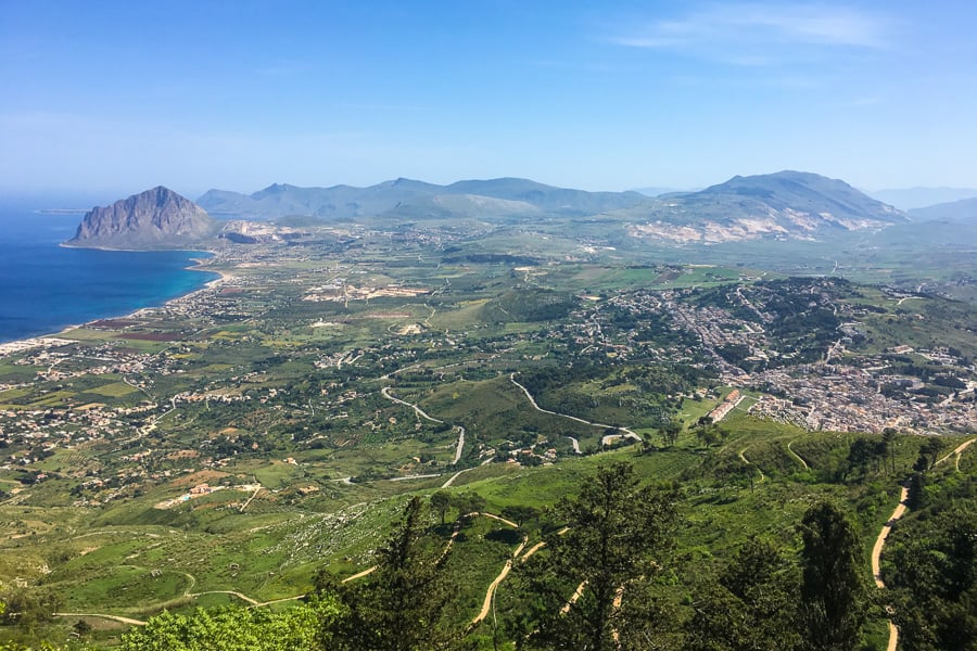 Views from Erice over the coast to the north and the switchback road up the mountain.  