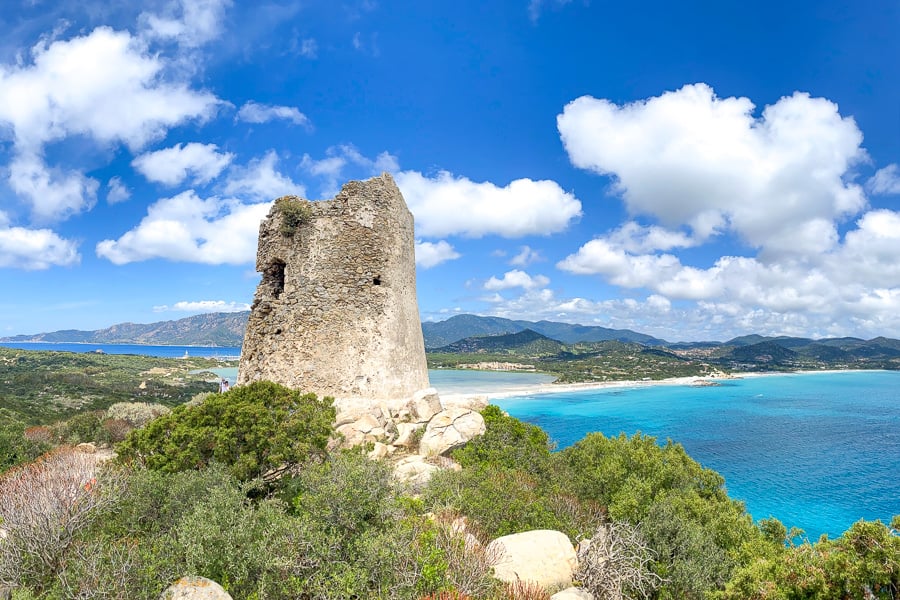 Spectacular panoramic beach and bay views from Torre di Porto Giunco - a must stop highlight on any Sardinia visit.