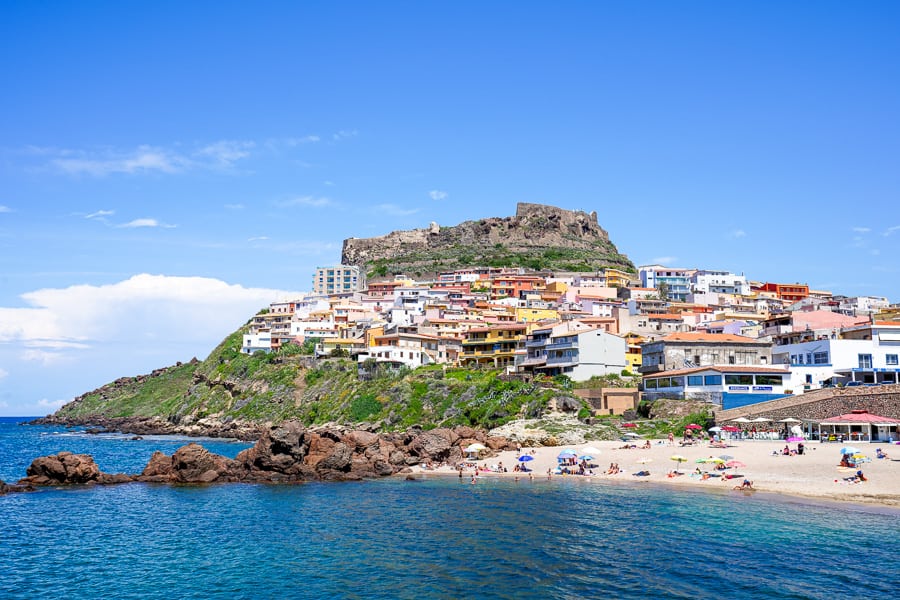 Views of Castelsardo rising above the ocean, probably one of the most colourful towns in the north of Sardinia.