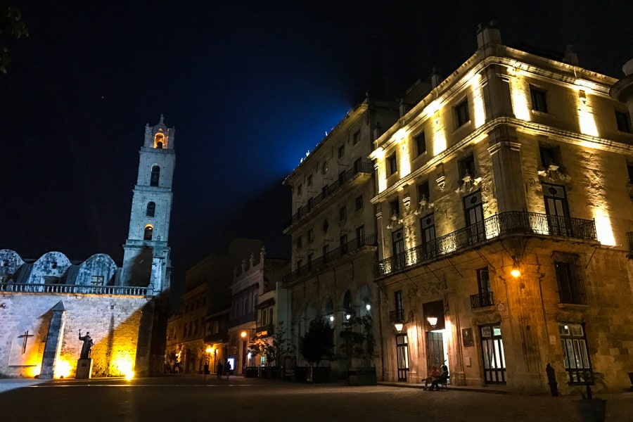 First night on our 2 weeks in Cuba itinerary, Plaza de San Francisco de Asis in Havana all lit up. 