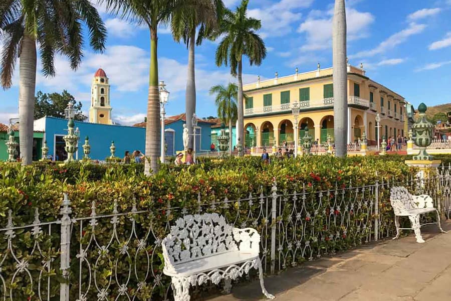 Colourful buildings surround Plaza Mayor, the starting point for exploring Trinidad during our two weeks in Cuba.