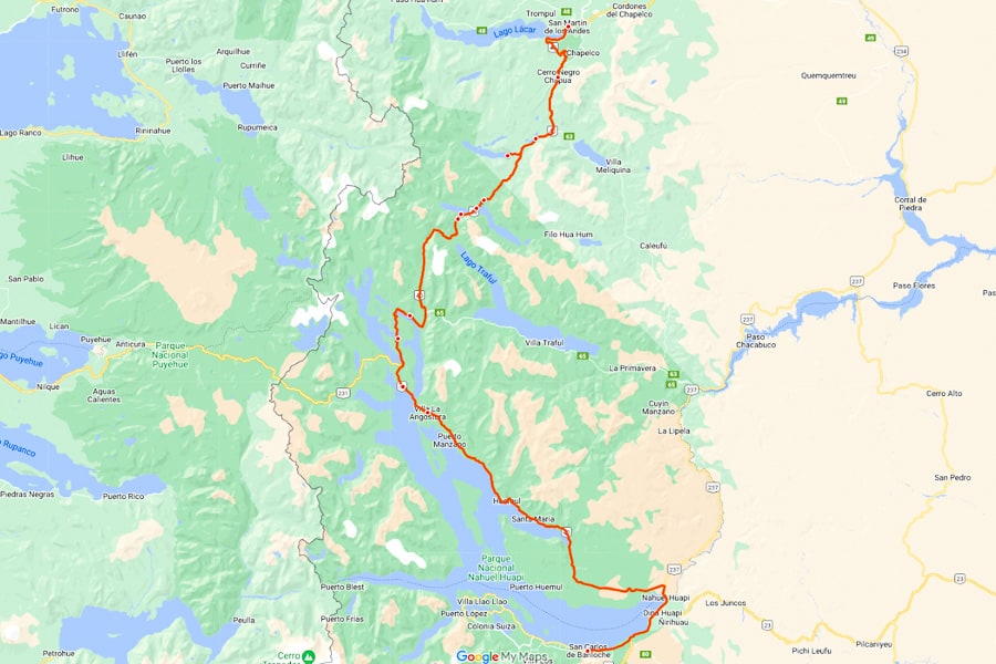 Ruta de los 7 lagos from Briloche map - outlining all the key stops on this road trip.