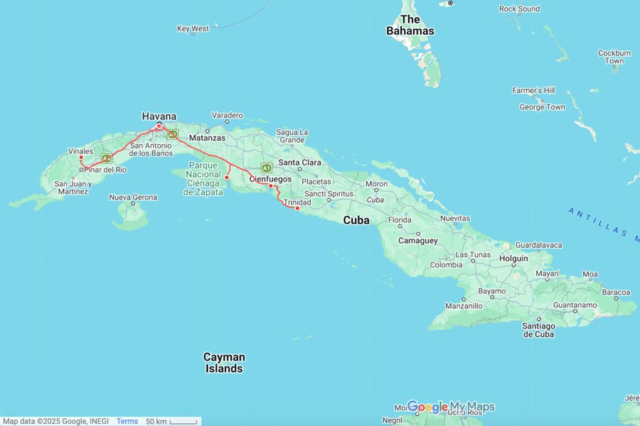 Cuba travel itinerary map.
