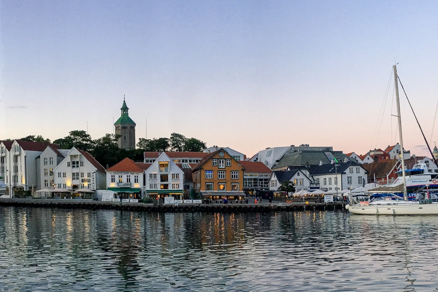 Views across the harbour towards Gamle Stavanger near dusk as the light fades.