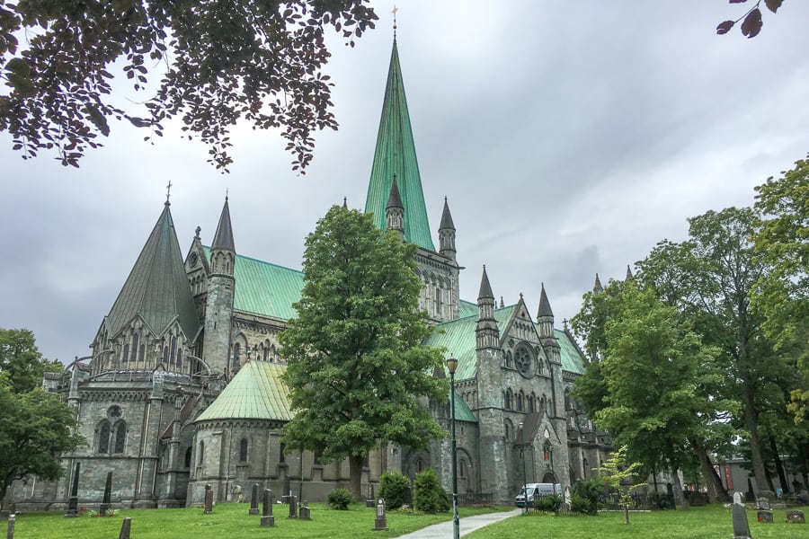 Trondheim’s Nidaros Cathedral looks majestic, even on a stormy overcast day.