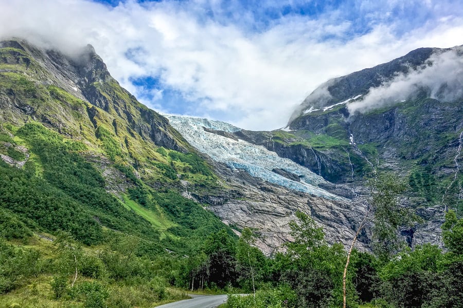 A spectacular glacier splits the mountainside on the road from Sogndal to Geiranger, a highlight of our 2 weeks in Norway.