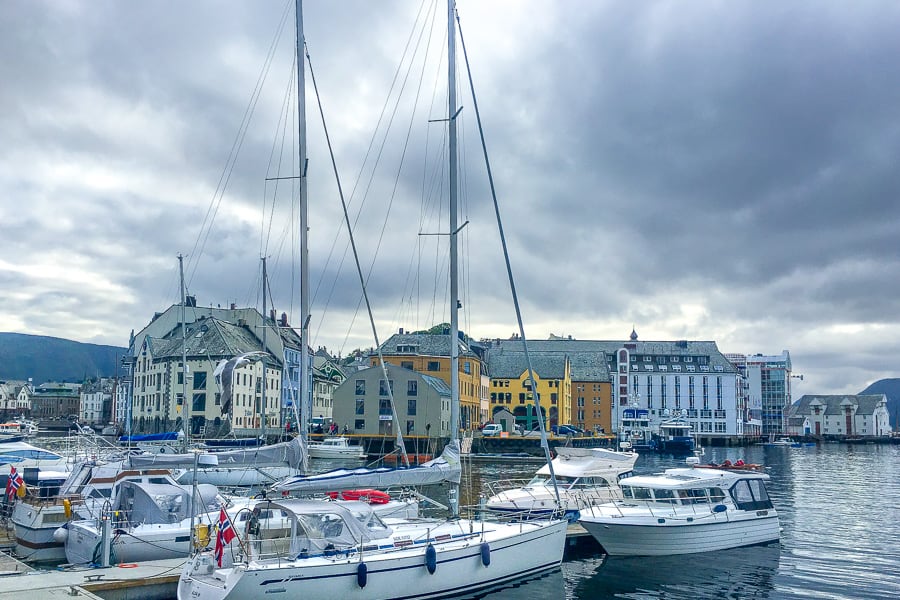 Harbour views across sailing boats towards colourful Alesund on Day 11 of our norwegian road trip.