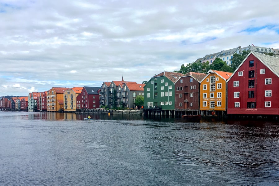 The colourful houses of Trondheim’s Bakklandet district along the Nidelva River on day 13 of our Scandinavian road trip.