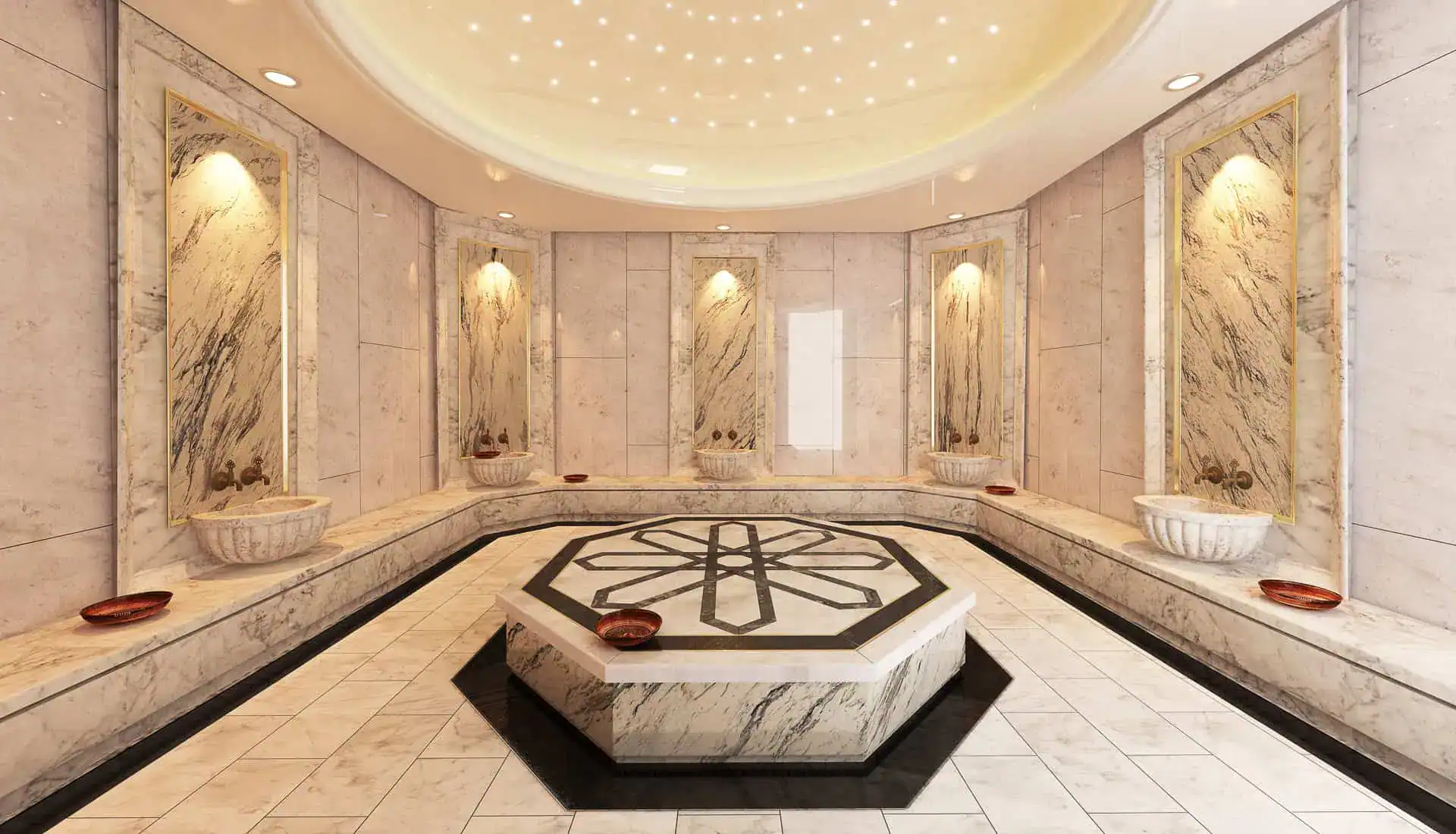 The soft lighting and intricately designed marble that’s typical of Turkish baths in Istanbul.