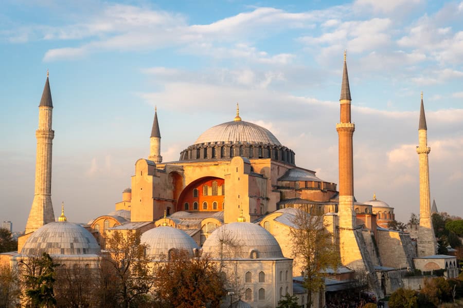 The Hagia Sofia softly glows as the sun drops – a sight best seen from a nearby rooftop, with a sundowner in hand.