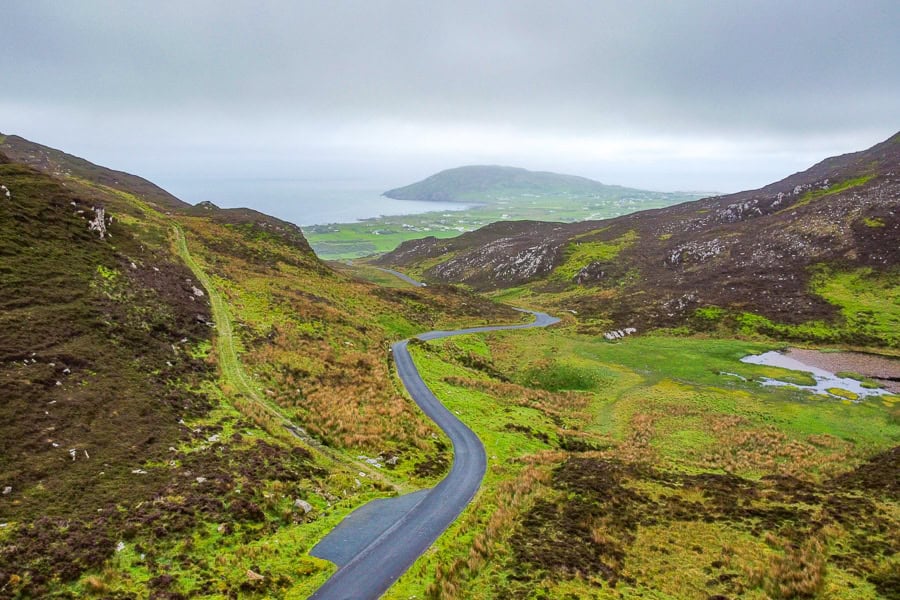 Areal view of the Gap of Mamore with the rainswept coastline in the distance.