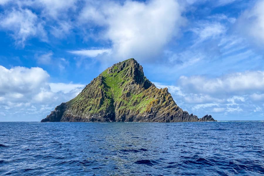 The beautiful, rugged island of Skellig Michael – seen from a boat during our Ireland road trip.