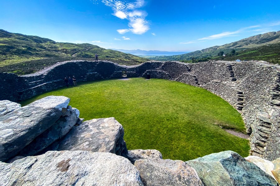 The imposing walls of Staigue Fort with Kenmare Bay in the distance.