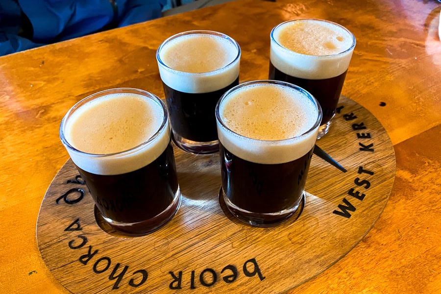 A paddle of dark beers after a tour of West Kerry Brewery – the perfect end to day 5 of our Ireland road trip itinerary.