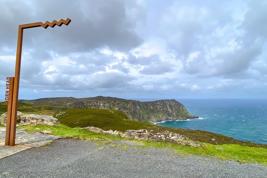 The Horn Head Wild Atlantic Way Discovery Point with scenic coastal views on a broody day.