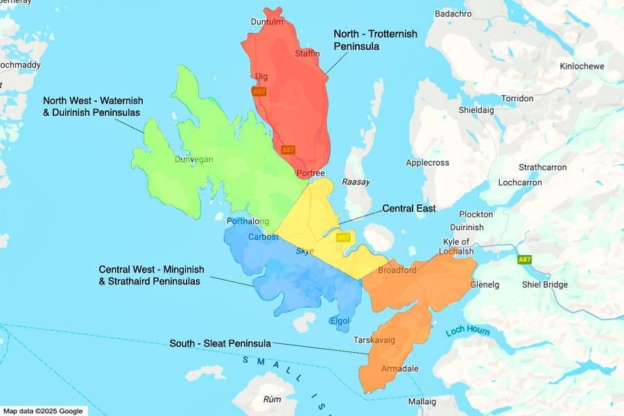 A map with five coloured regions segmenting where to stay on the Isle of Skye.
