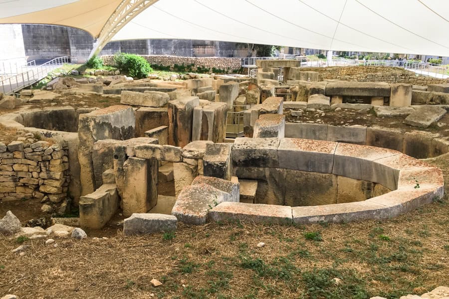 Looking down on the curving walls of the World Heritage Tarxien temples.