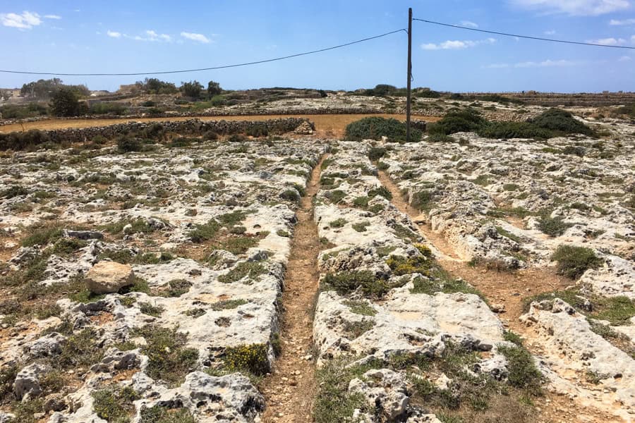Two deep grooves cut through a rocky landscape.