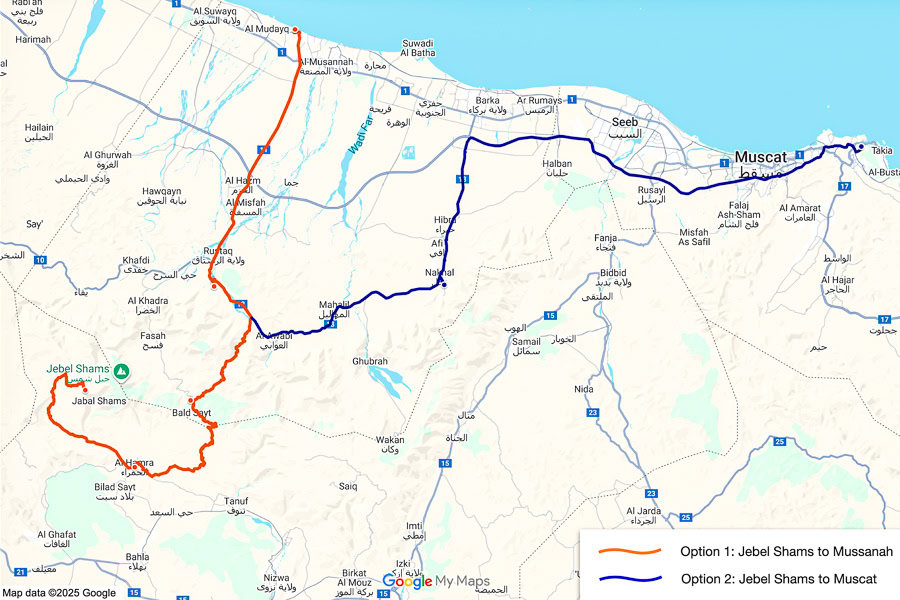 Map of our epic Oman road trip route across the Al Hajar mountains.