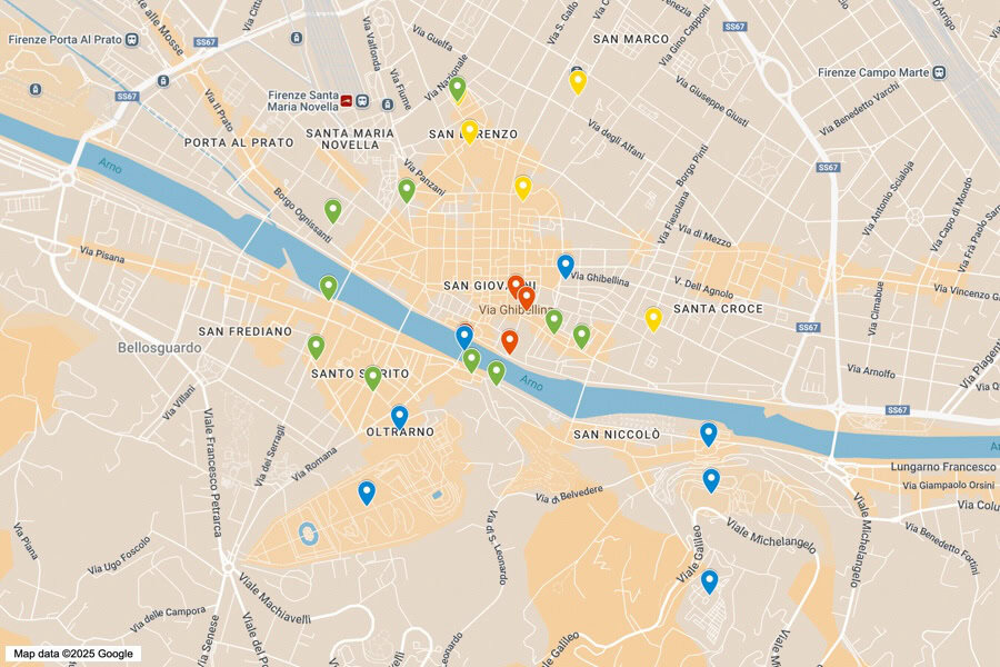 A map showing Florence itinerary activities marked with coloured pins.