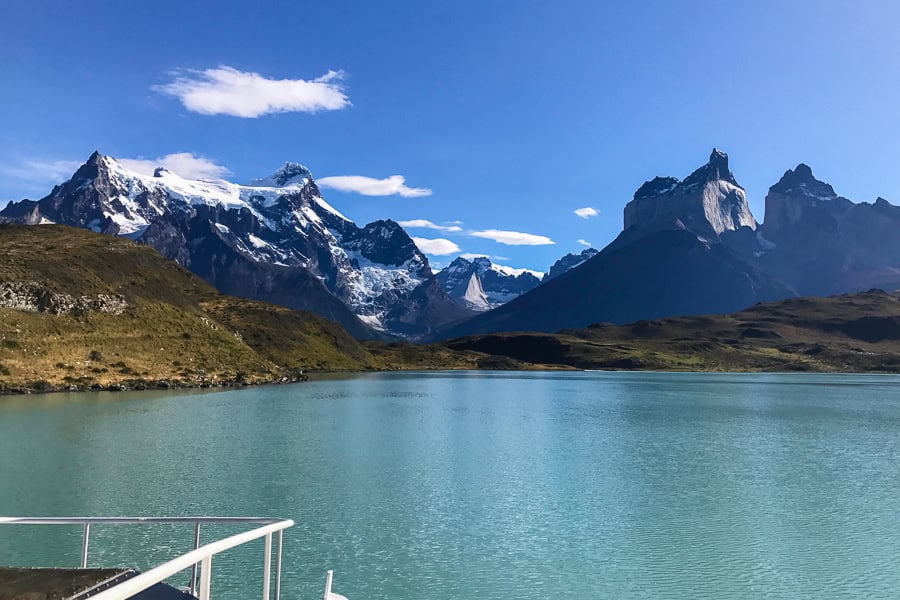 View of the Torres del Paine mountains from a catamaran on Lake Pehoé.