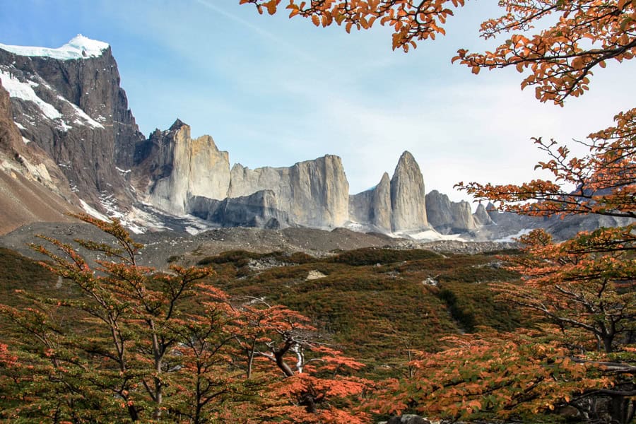 A mountain edges a forest-blanketed valley on the W Trek.