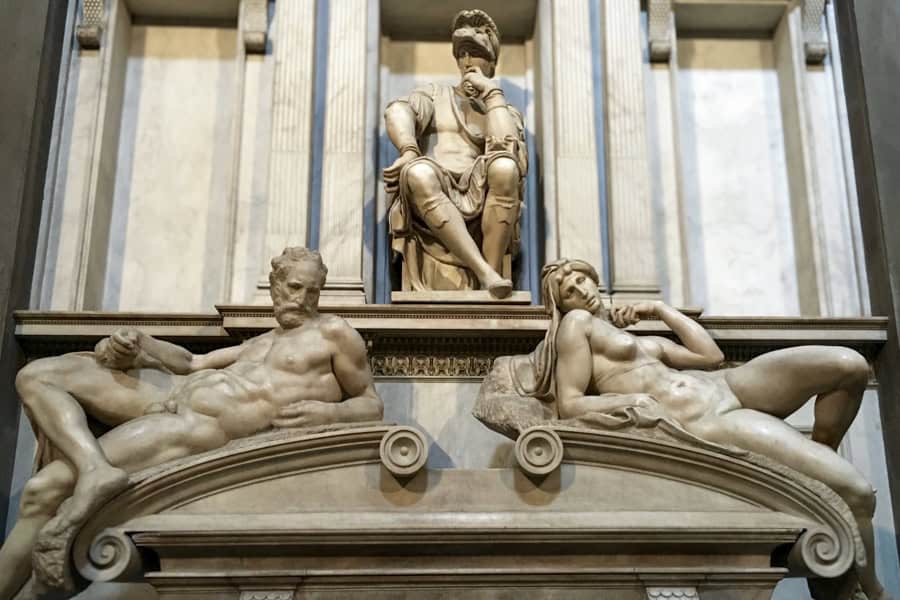 Highlights of Florence: Three marble sculptures in Michaelangelo’s New Sacristy in the Medici Chapels.
