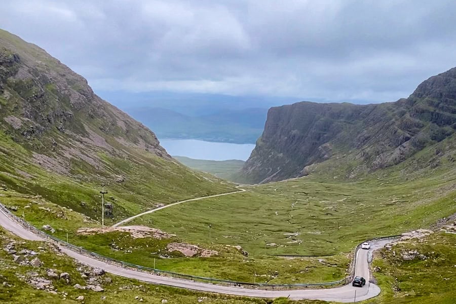 Views of the winding road over the Bealach na Bà pass – one of the most exciting drives of our North Coast 500 itinerary.