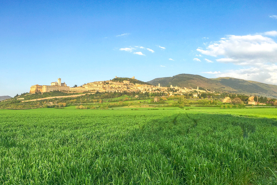 Views across green plains towards Assisi, one of the most important pilgrimage sites in central Italy.