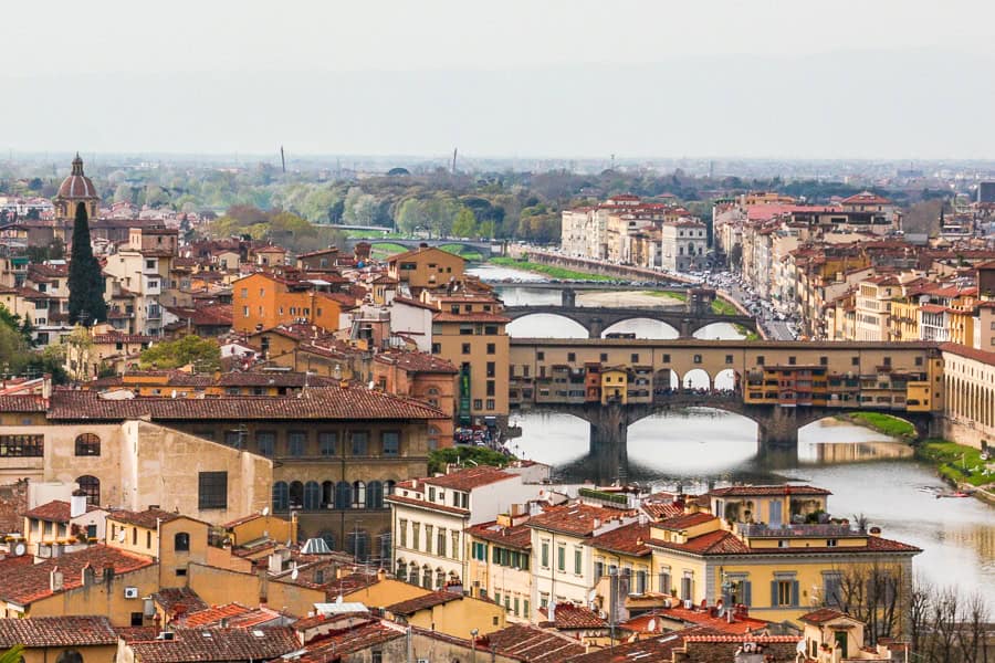 View of Ponte Vecchio and the Arno River from above at the start of our road trip of Italy.