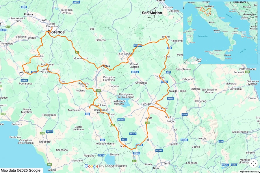Interactive Tuscany road trip map.