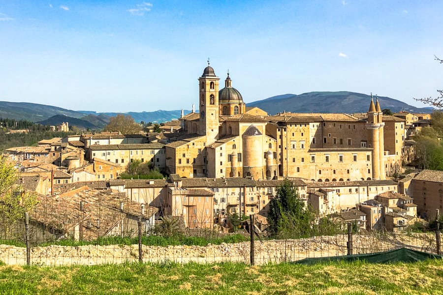 Views across Urbino towards the Duomo from Parco della Resistenza during our hill towns of Italy road trip.