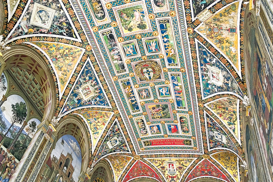 The dazzlingly beautiful roof of Siena’s Piccolomini Library is a cultural highlight when you road trip Tuscany. cultural