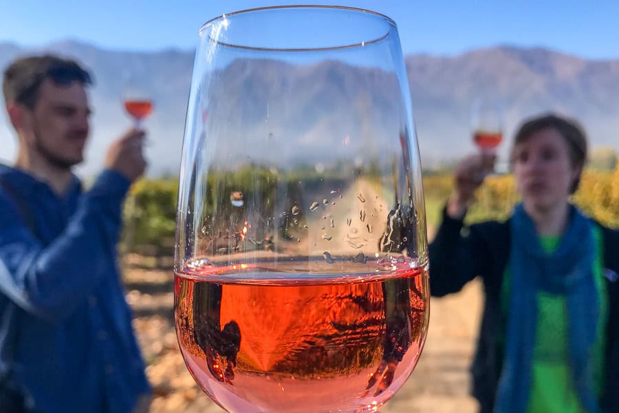 A glass of rose with a blurred Maipo Valley background – enjoyed during one of our favourite wine tours in Santiago.