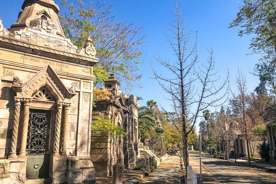 Ornately carved, sun bathed mausoleums at the General Cemetery – a must see when you visit Santiago.