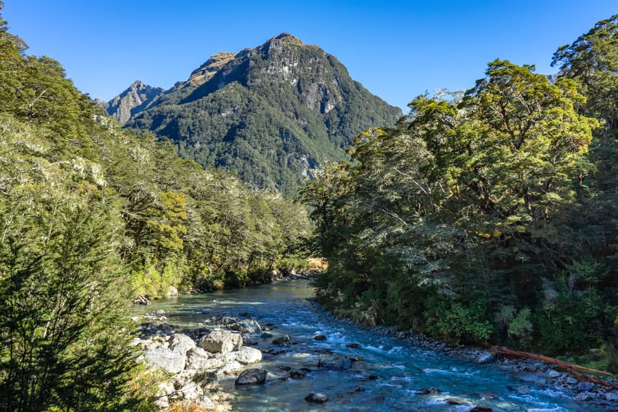 A mountain rises above a rushing river on the Routeburn Track route.