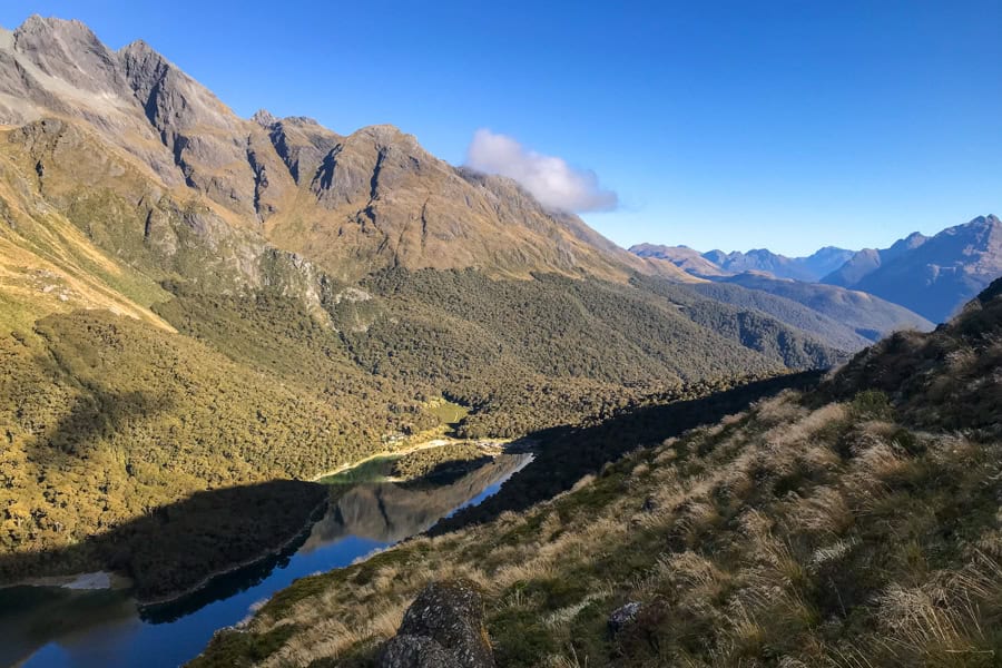 Mountains views down to Lake Mackenzie while hiking New Zealand South Island.