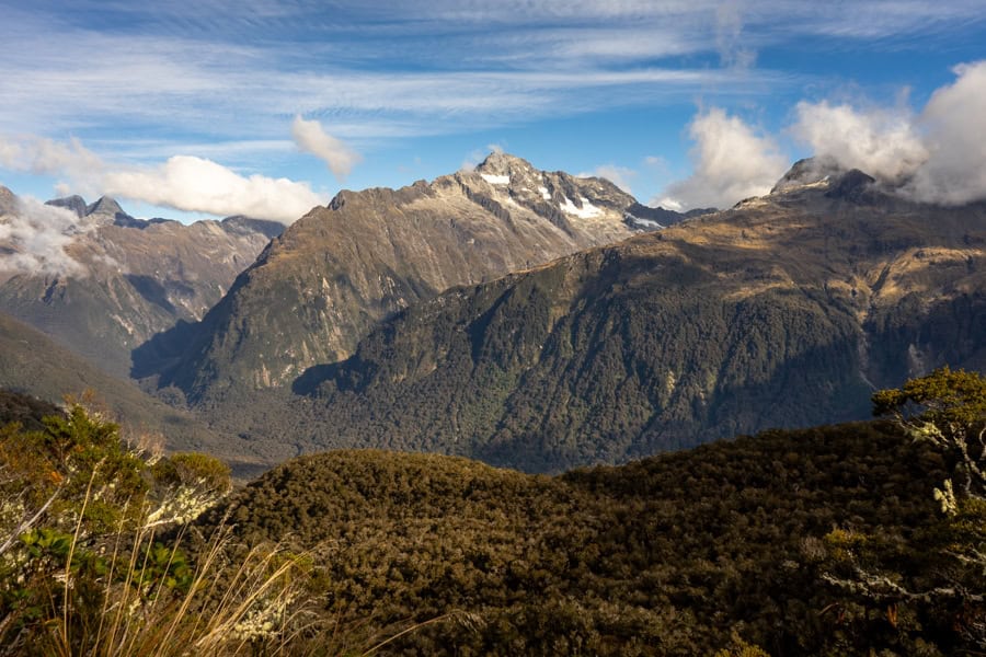 Mountain panoramas hiking the Routeburn Track between Lake Mackenzie and Lake Howden.
